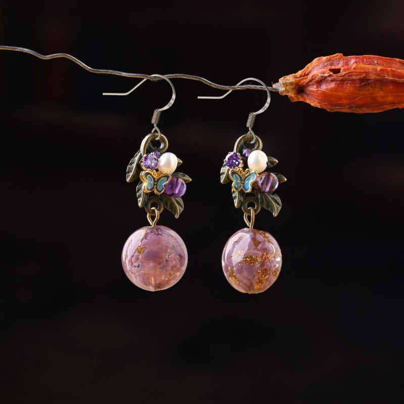 Boho Purple Flower Earrings Retro Ethnic Jewelry For Hanfu Cheongsam