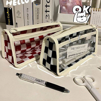 Waterproof Large Capacity Pencil Case Simple Transparent Checkerboard Pencil Bag
