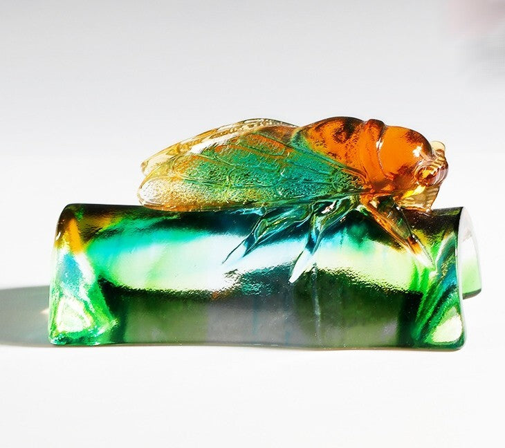 Chinese Liu Li Crystal Cicada Statue Figurine Paper Weight Decor
