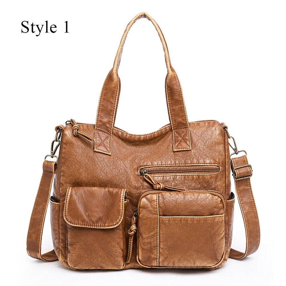Soft PU Leather Handbags Many Pockets Messenger Bag Washed Leather Shoulder Bag