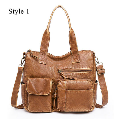 Soft PU Leather Handbags Many Pockets Messenger Bag Washed Leather Shoulder Bag