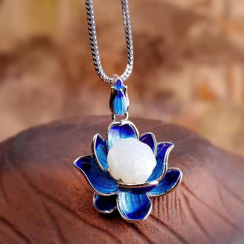 Cloisonne Hetian Jade Lotus Pendant Vintage Necklace Women Gift