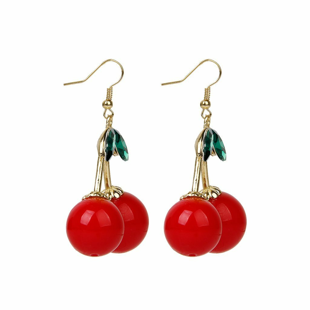 1 Pair Women Cherry Earrings Drop and Dangle with Sparkling Green Rhinestones