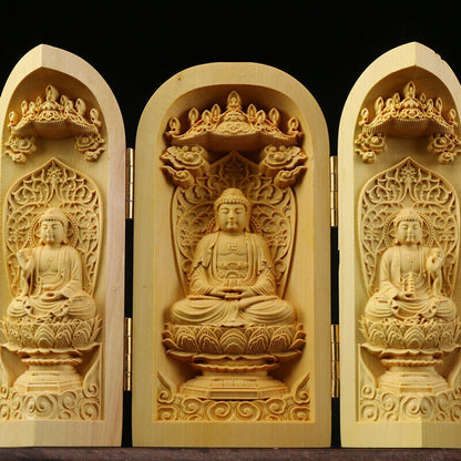 Buddha Statue Carved Wooden Sculpture Decor Three Open Box Home Ornaments NEW