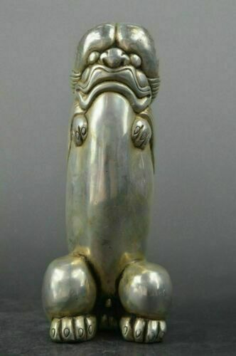 Chinese Tibet Silver Carved Guard Foo Dogs Lion Male Statues