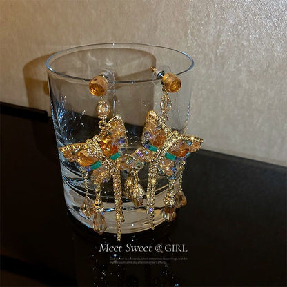 Champagne Crystal Butterfly Tassel Earrings Gold Rhinestone Dangle