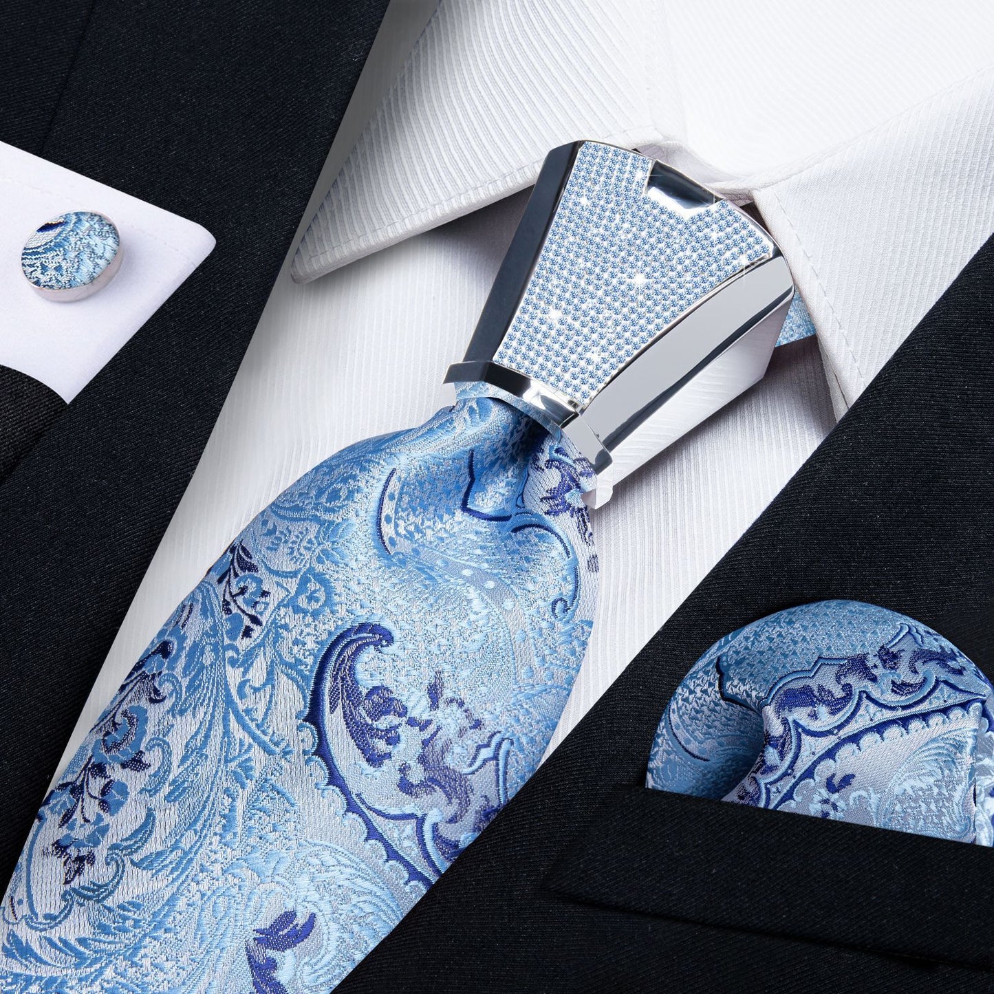 Men Necktie 3Pcs Luxury Striped Ties Cufflinks Pocket Square Wedding Accessories
