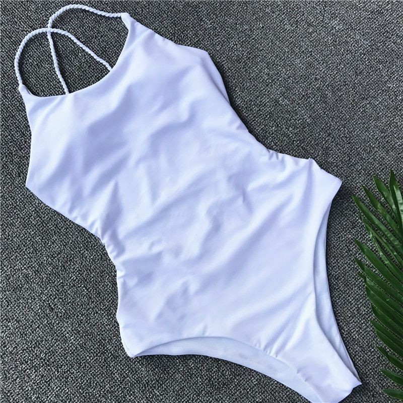 Womens Swimsuit Sexy Strappy One Piece Swimwear High Waist Bikini Biquini Solid
