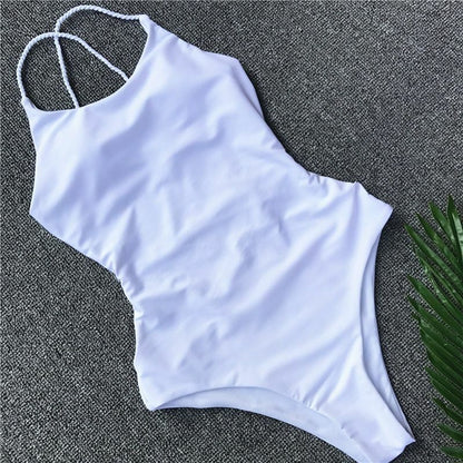 Womens Swimsuit Sexy Strappy One Piece Swimwear High Waist Bikini Biquini Solid