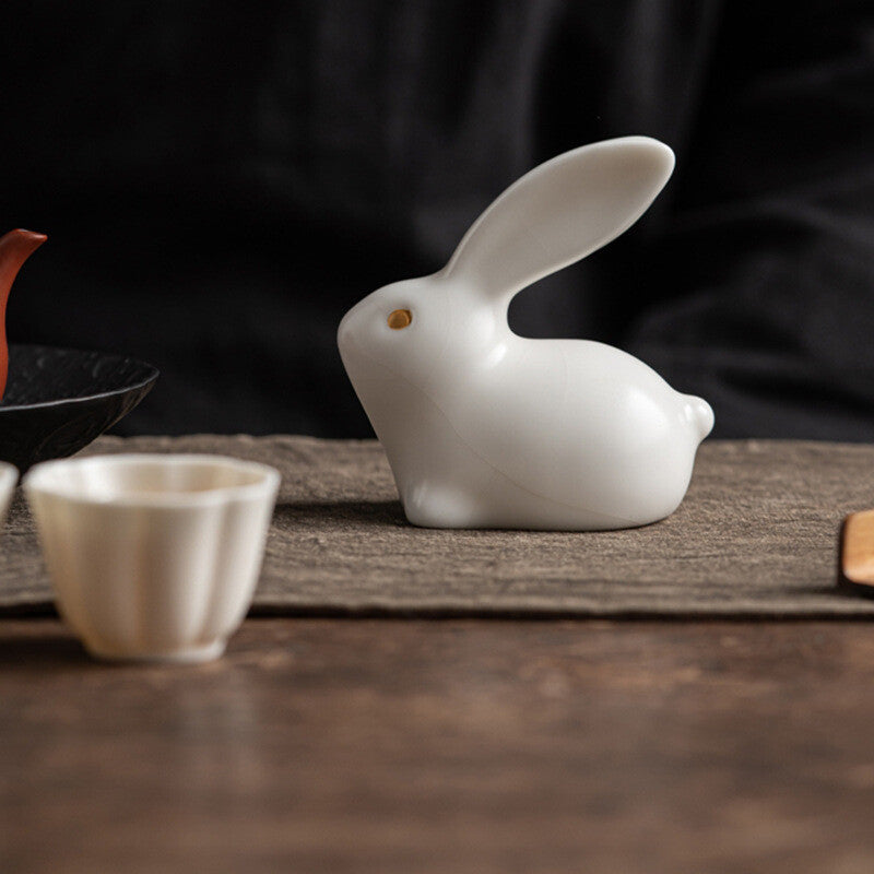 Lovely Rabbit Statue Porcelain Tea Pet Artware Mascot Ornament Handmade Animal