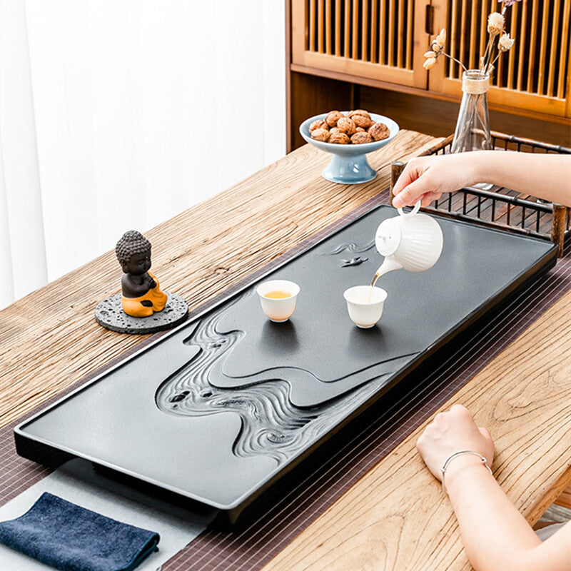 Handmade Carved Black Stone Tea Tray Water Draining Tea Table Weighted Tea Boat