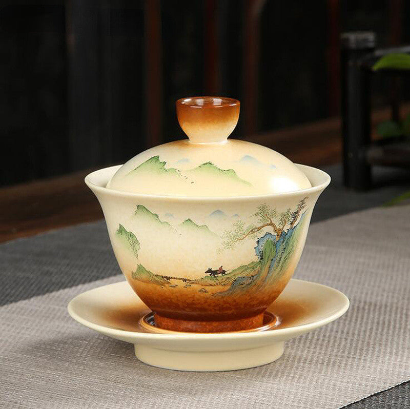 180ml Retro Landscape Gaiwan Coarse Ceramic Cup with Lid Cover Saucer Kit Tea
