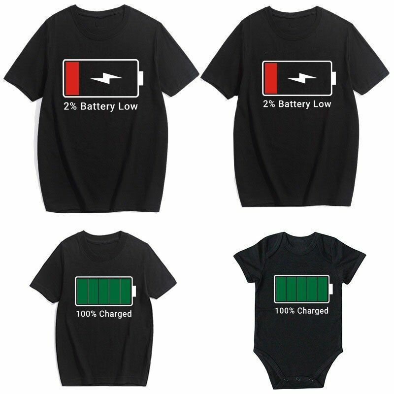 Family Matching T-Shirts Mommy Low Battery Charged Father Kids Baby Bodysuit Son