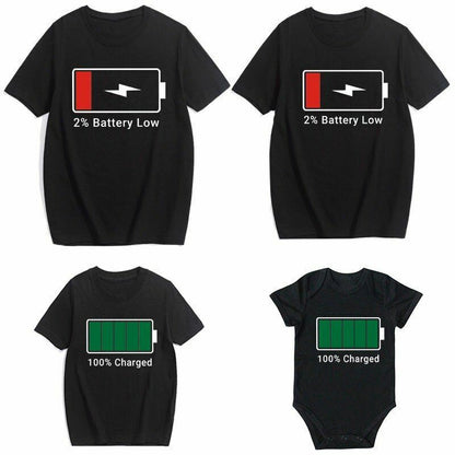 Family Matching T-Shirts Mommy Low Battery Charged Father Kids Baby Bodysuit Son