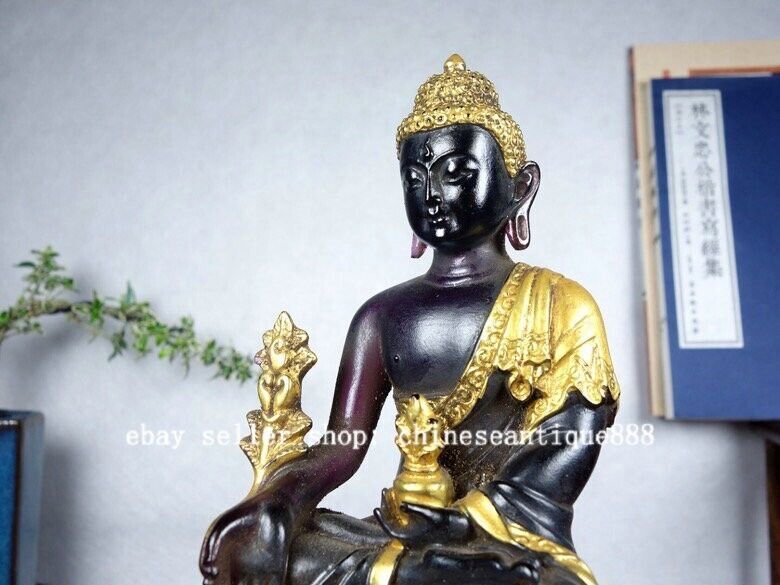 5" Old Purple Colored Glaze Gilt Menla Medicine Shakyamuni Buddha Lotus Statue