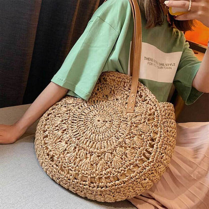Women Boho Woven Handbag Summer Beach Tote Straw Bag Round Rattan Shoulder Bag