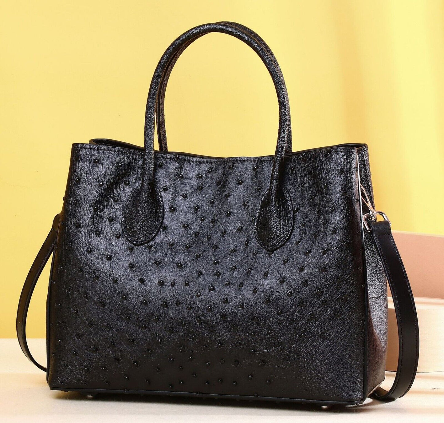 Top Cohide Leather Women's Black Handbag, Ostrich Skin Pattern Tote Shoulder Bag