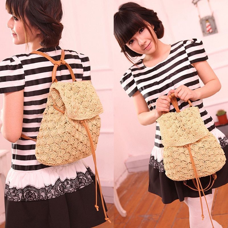 Backpack Straw Beach Bag Hollow Out Women Luxury Polyester 20L Softback Leisure