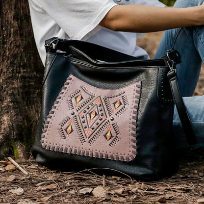 Black Women Embroidered Flower Handbag Shoulder Crossbody Tote Bag With Wallet