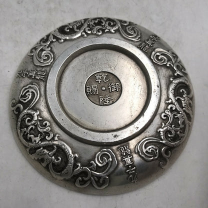 Exquisite Chinese tibet silver handcarved double Dragon plate decoration
