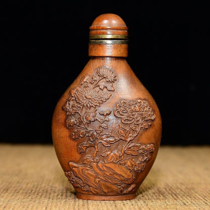 Hand Carved Boxwood Snuff Bottle Plum Blossom Pattern Wooden Collectible 7.5cm