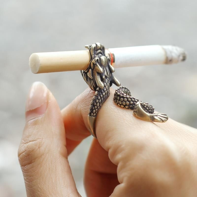 Pure Brass Dragon Cigarette Holder Ring Carved Smoking Finger Ring