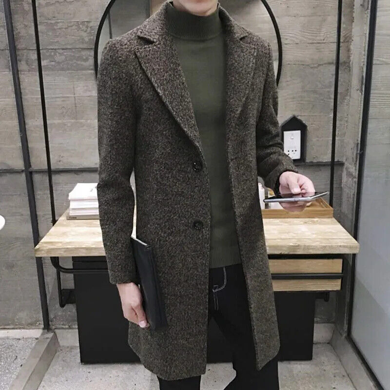 Men's Long Casual Top Coats Warm Coat Lapel Collar Overcoat Windbreaker