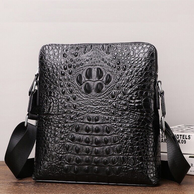 Black Top Cow Leather Shoulder Bags, New Crocodile Embossed Men's Messenger Bag