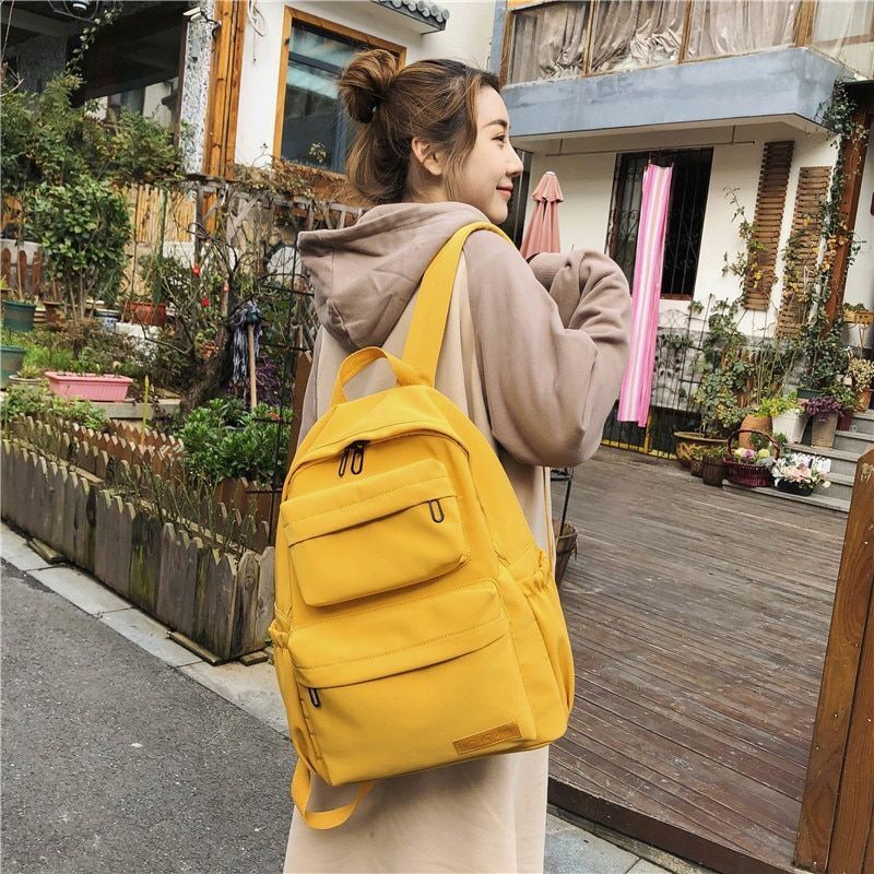 Waterproof Nylon Backpack Casual Women Large Schoolbag 30*13*40 CM Green/Yellow