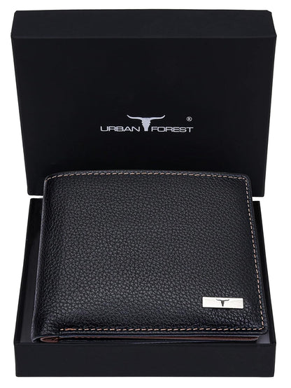 NEW BLACK/REDWOOD BI-FOLD LEATHER MEN'S WALLET RFID PROTECTION GIFT ITEM