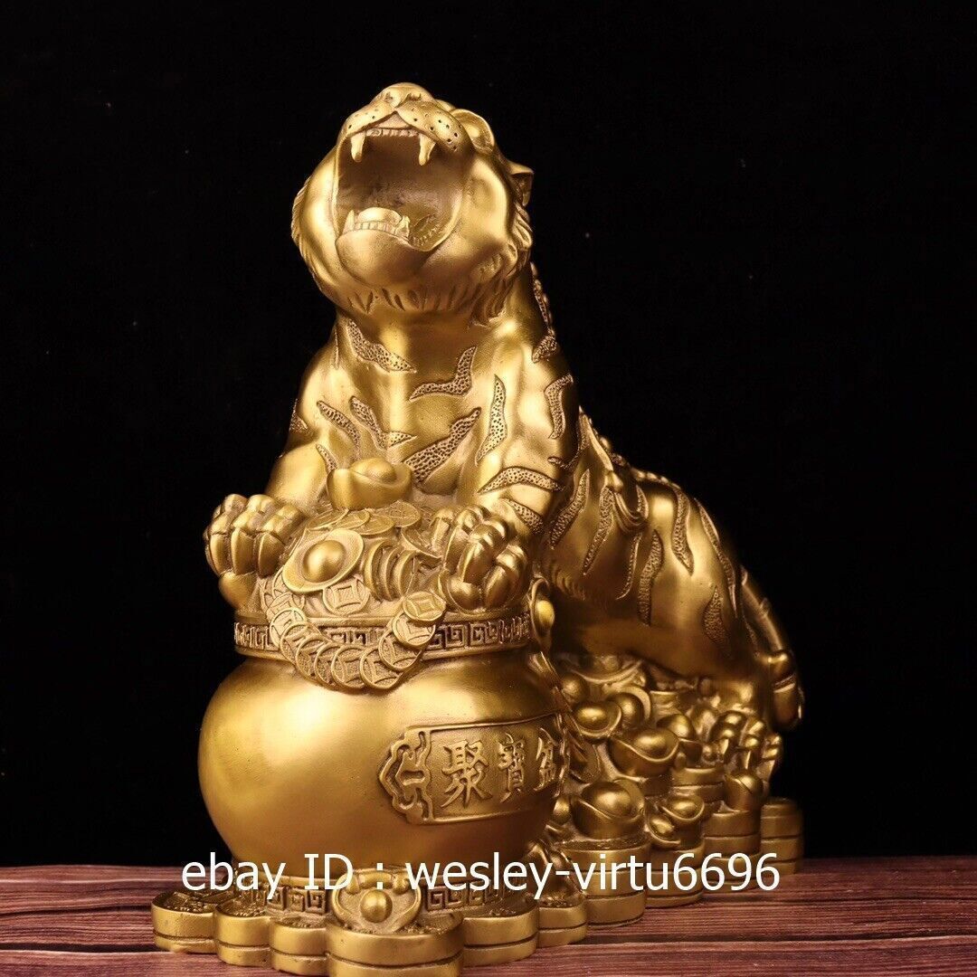 Copper Brass Handmade Feng Shui Evil Wealth Money Tiger Art Statue Ornament