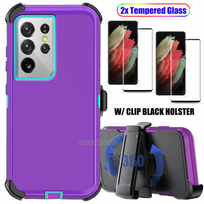 For Samsung Galaxy S21 Plus/Ultra 5G Hard Belt Clip Case Cover Tempered Glass
