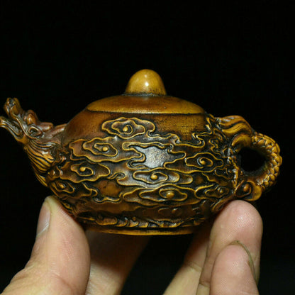 Antique Chinese Boxwood Caved Dragon Cloud Wine design Tea Pot Flagon Statue