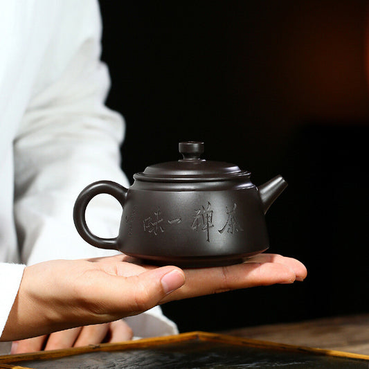 5" Collect Chinese Yixing Zisha Pottery Black Clay 200ML Buddhist Mood Teapot