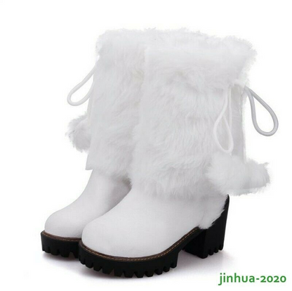 Winter Womens Girl Warm Fur POMPOM Snow Boots Block High Heels Shoes Ankle Boots