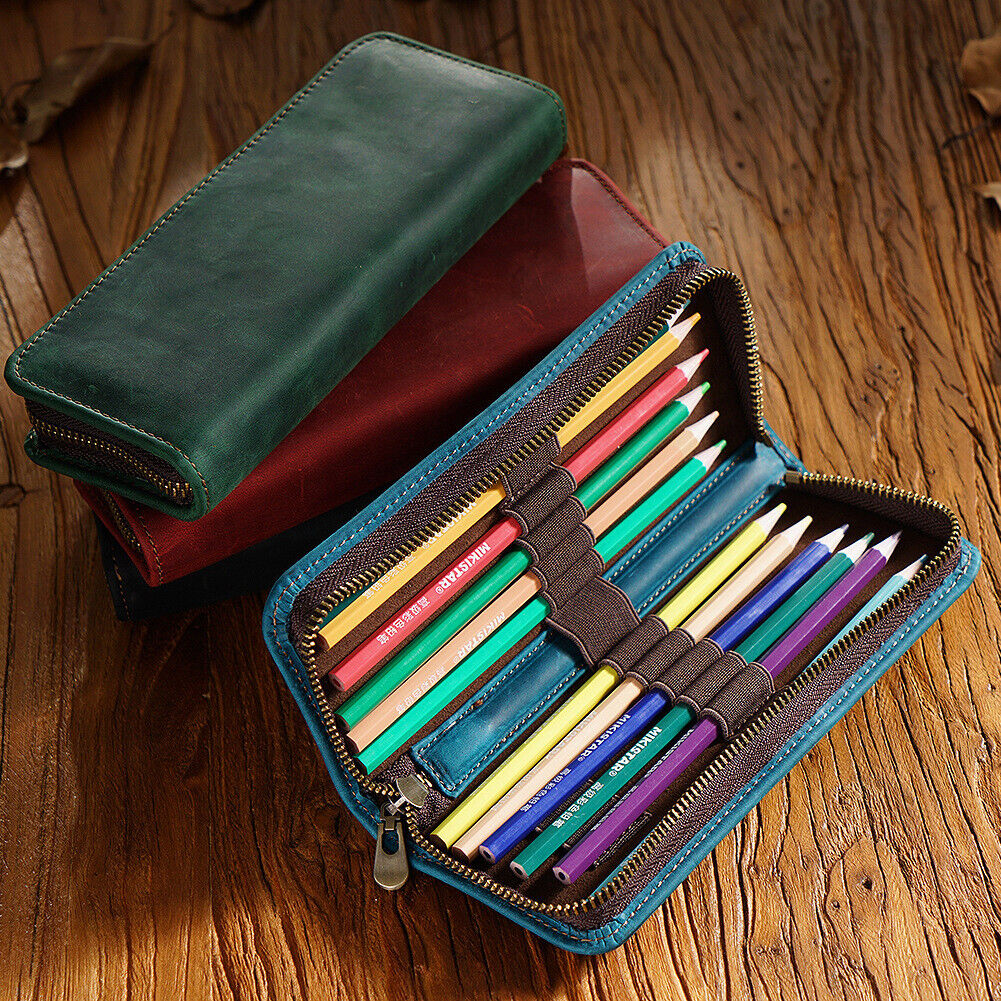 Handmade Crazy Horse Leather Square Pen Bag Men's Zipper Creative Pencil Case
