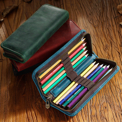 Handmade Crazy Horse Leather Square Pen Bag Men's Zipper Creative Pencil Case