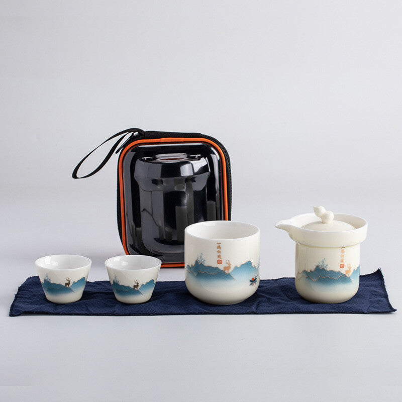 Porcelain Tea Set Pot With Infuser Holes Matching Tea Cup Portable Bag 6pcs/lot