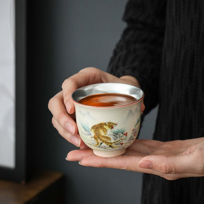 12 Tea Cups Ceramic + Silver Master Cup Zodiac Signs Print 150ml Chinese Tea Cup