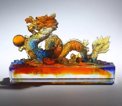 Liu Li Crystal Chinese Dragon Playing Ball Statue Office Feng Shui Home Decor