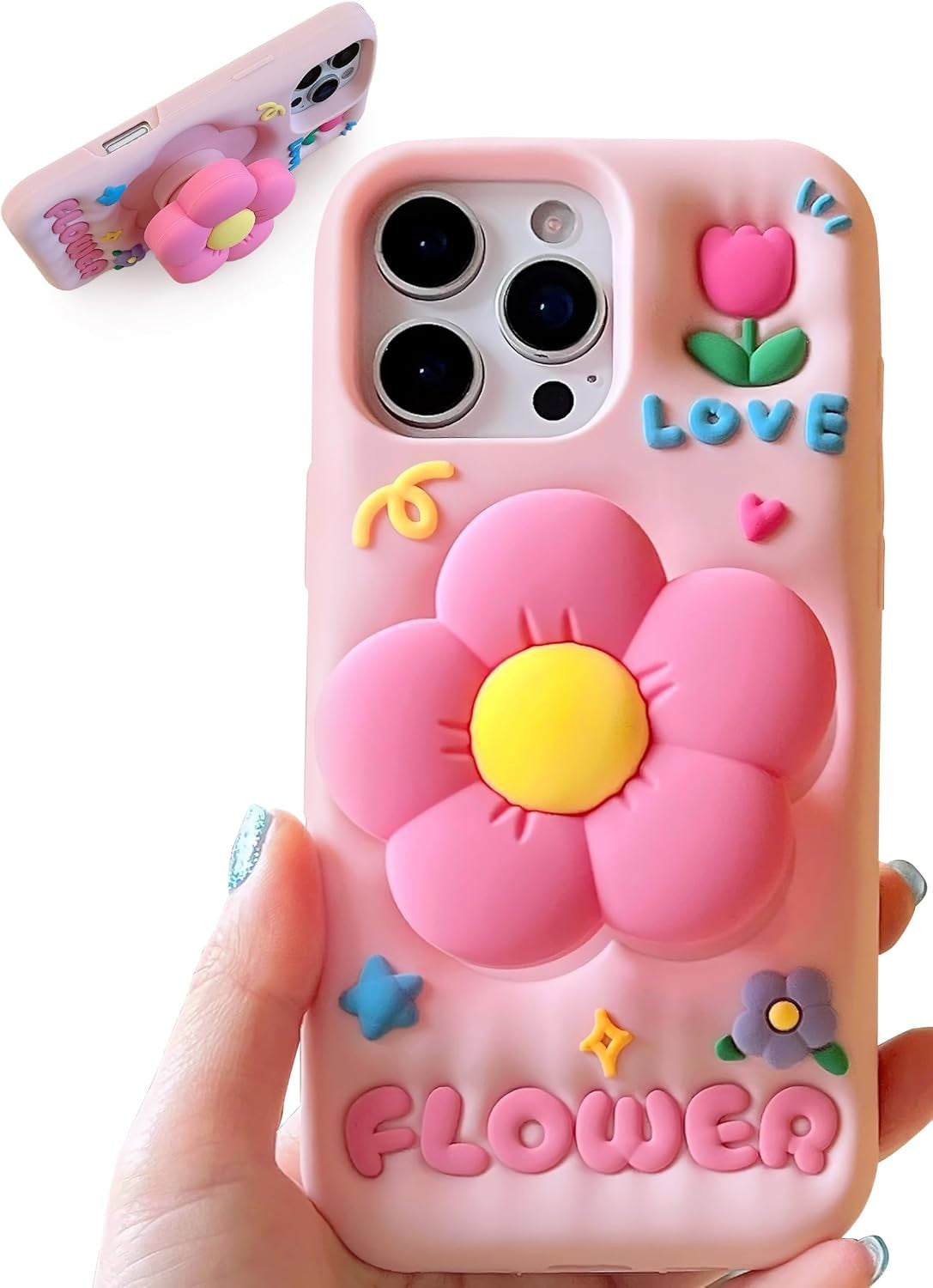 Cute 3D Flower Phone Case for Iphone 17 Pro Max - Retractable Stand & Grip with