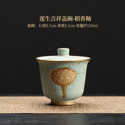 Chinese Style Coarse Pottery Covered Bowl Ceramic Retro Kung Fu Tea Set Tea Cup
