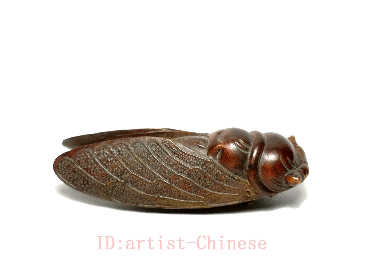 Chinese boxwood hand carved cicada Figure statue netsuke collectable hand piece