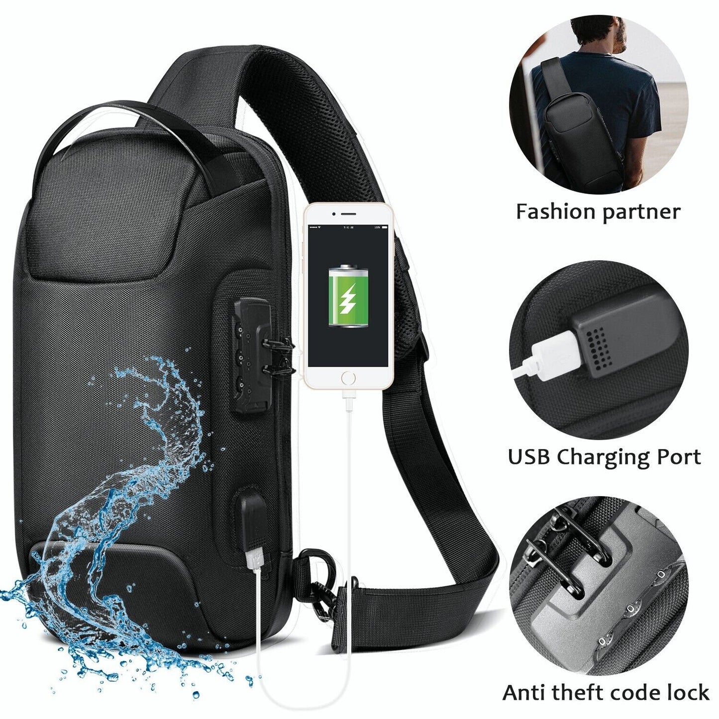 Men's Sling Bag Chest Shoulder Backpack Fanny Pack Crossbody Bag w/ USB Charging