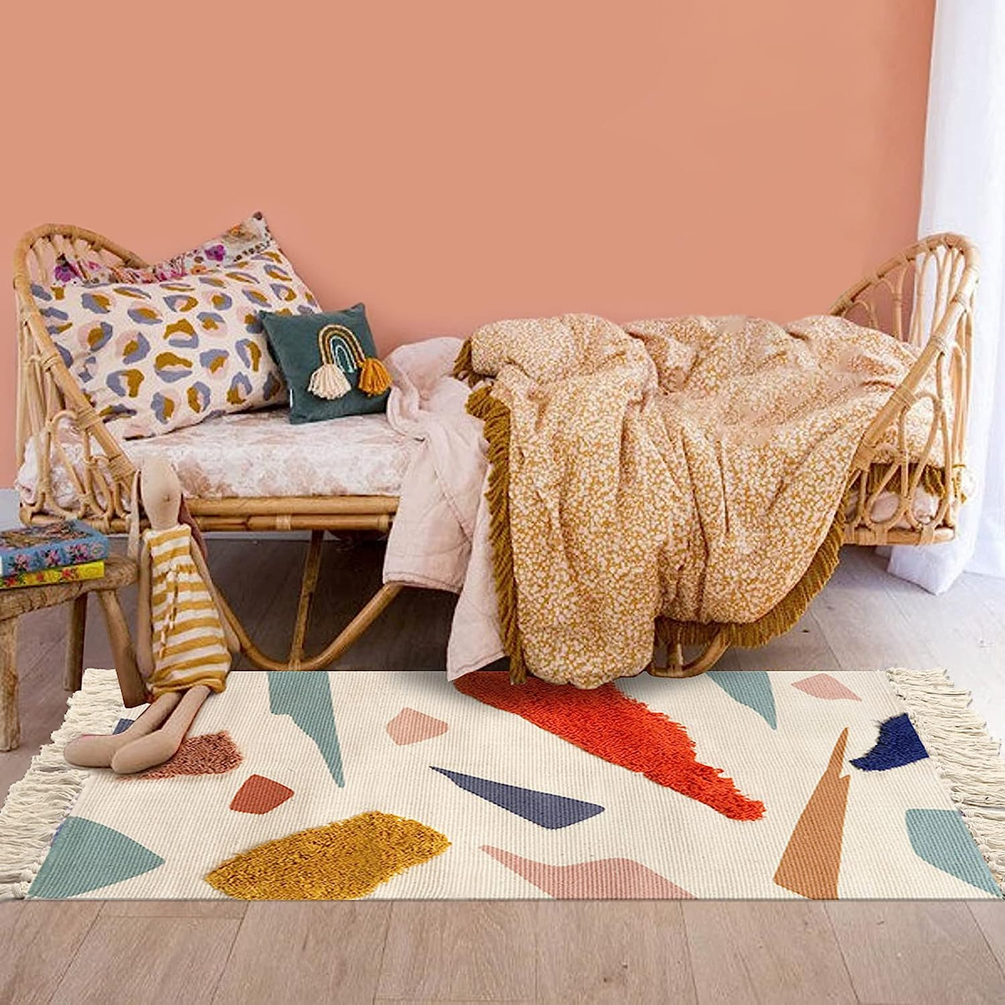 Hand Woven Bathroom Runner Rug Multi-Color with Tassel Cotton Tufted Home Decor