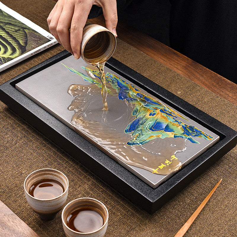 Porcelain Black Stone Tea Tray Creative Serving Tray On Sales Crude Pottery Tray