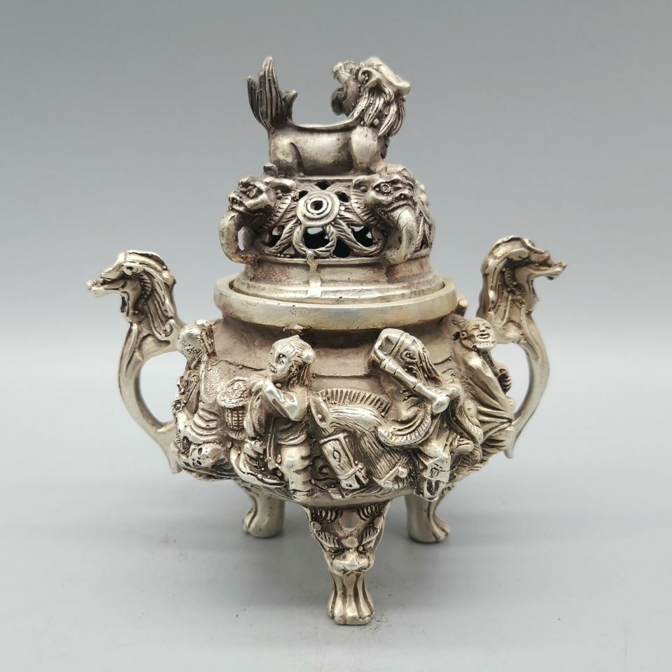Stamp Tibet Silver Dragon Lion 8 God Tripod Incense Burner Censer Statue
