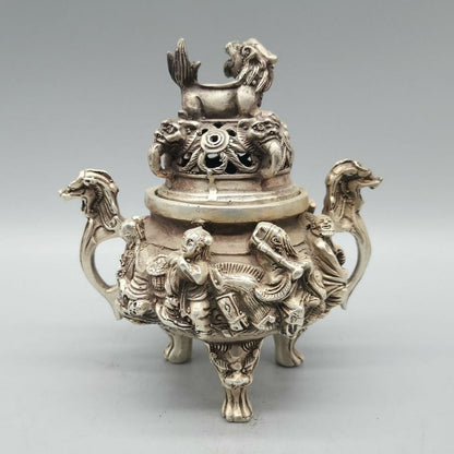 Stamp Tibet Silver Dragon Lion 8 God Tripod Incense Burner Censer Statue