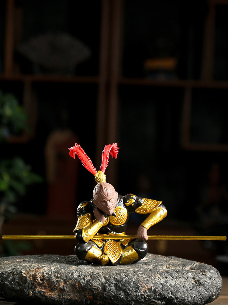 4.53" Monkey King Yixing Zisha Tea Pet Statue Creative Home Table Decorat Gift