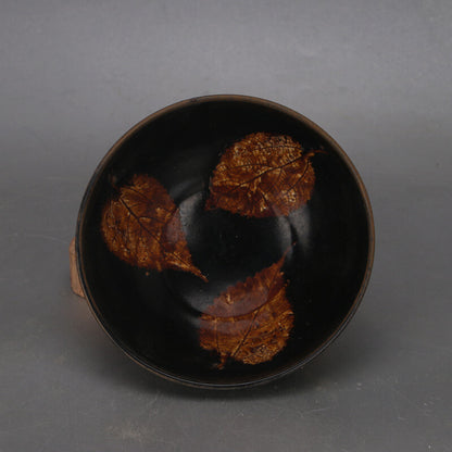 5.9" Collect Chinese Song Porcelain Jizhou Kiln Black Glaze Tree Leaf Bowl